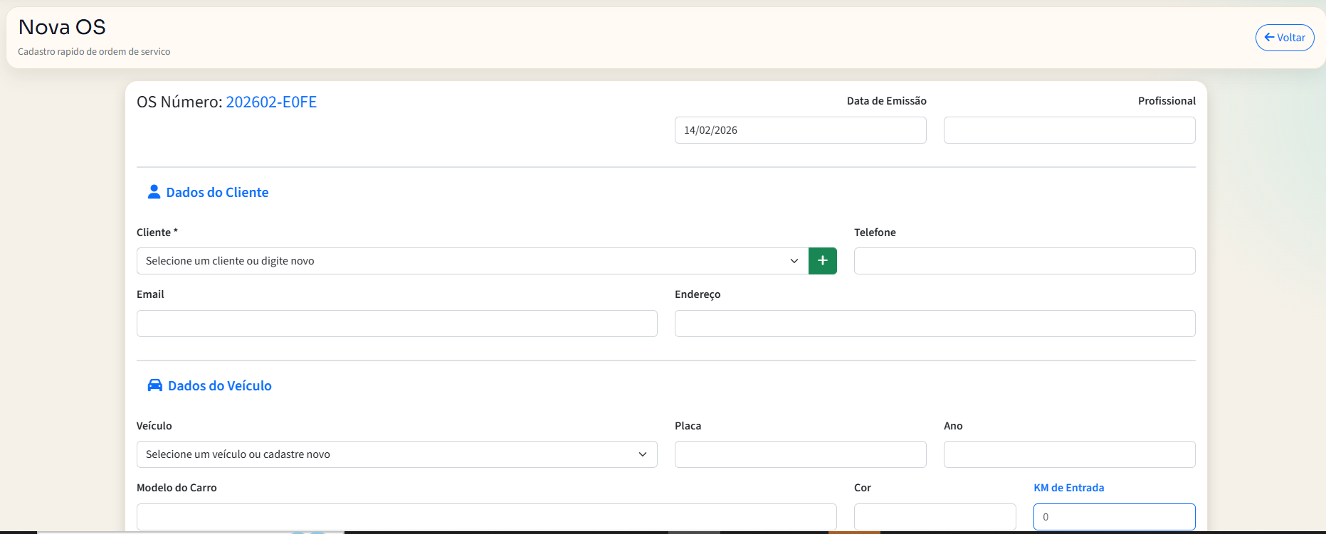 Tela de criação de nova Ordem de Serviço